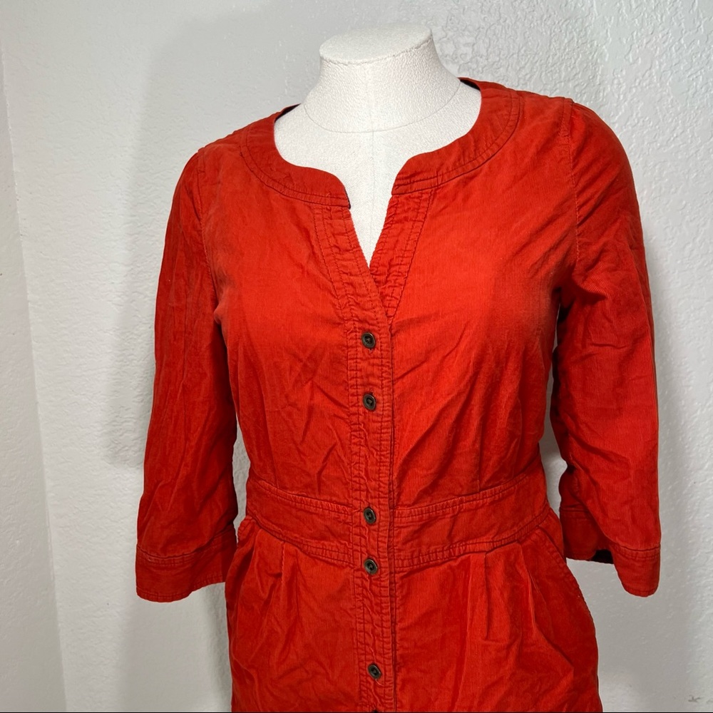 Maeve orange red corduroy button front 3/4 sleeve dress. Size 0